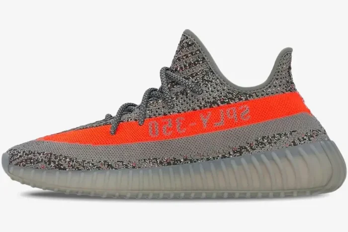 Side profile of Adidas Yeezy 350 V2 Beluga OG sneakers in grey with a vibrant solar red stripe. - SKU BB1826