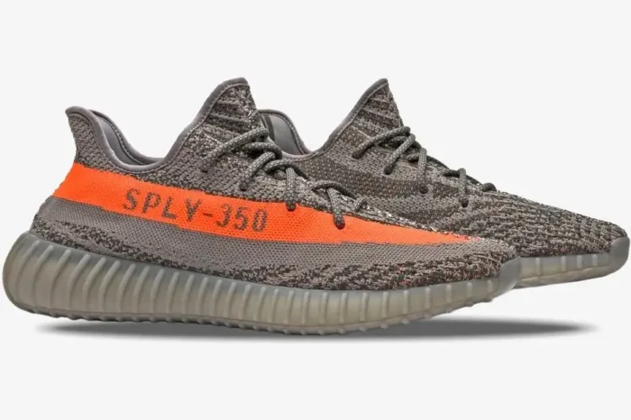 Adidas Yeezy 350 V2 Beluga OG sneakers in grey with a solar red stripe, side profile view. - SKU BB1826