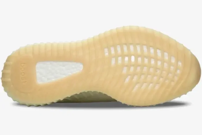 Bottom view of the Adidas Yeezy 350 V2 Butter showing the gum rubber outsole and white Boost foam. - SKU F36980