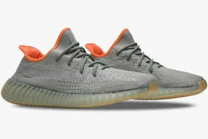 Adidas Yeezy Boost 350 V2 Desert Sage sneakers in a side profile view featuring green knit and orange lining. - SKU FX9035