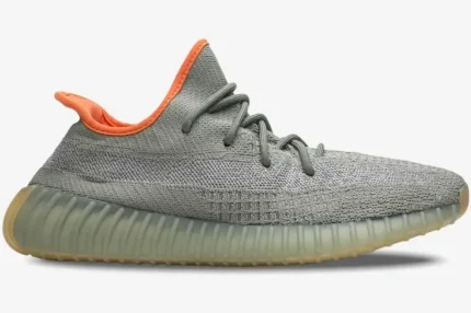 Side profile of Adidas Yeezy 350 V2 Desert Sage sneakers in sage green with a vibrant orange collar. - SKU FX9035