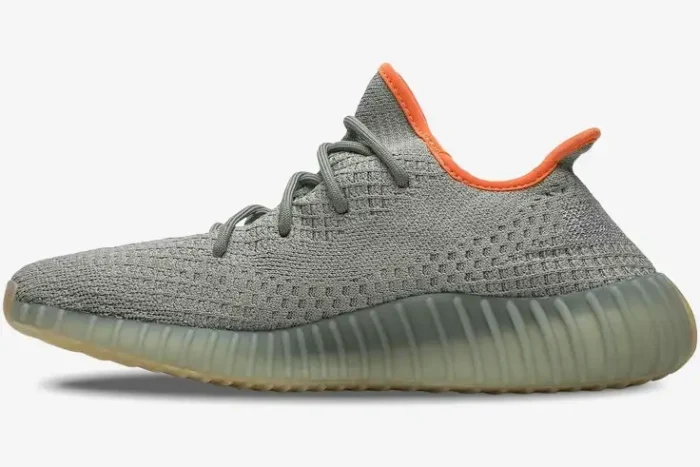 Side profile of Adidas Yeezy 350 V2 Desert Sage sneaker in sage green with orange collar lining. - SKU FX9035
