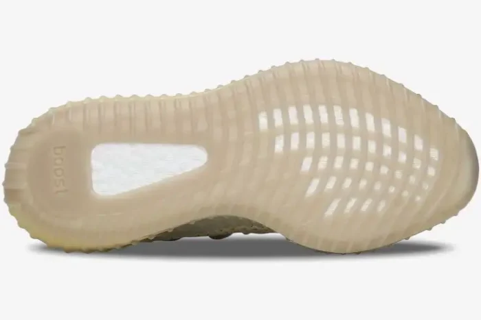 Bottom view of the Adidas Yeezy 350 V2 Flax showing the translucent gum outsole and white Boost foam. - SKU FX9028