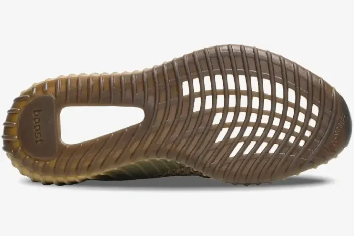 Bottom view of Adidas Yeezy 350 V2 Sand Taupe showing the gum rubber outsole and boost branding. - SKU FZ5240