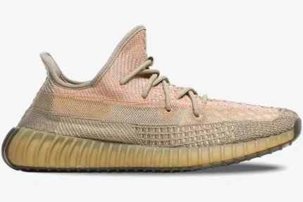 Adidas Yeezy Boost 350 V2 Sand Taupe sneaker in a lateral side profile view with earthy tan and orange tones. - SKU FZ5240