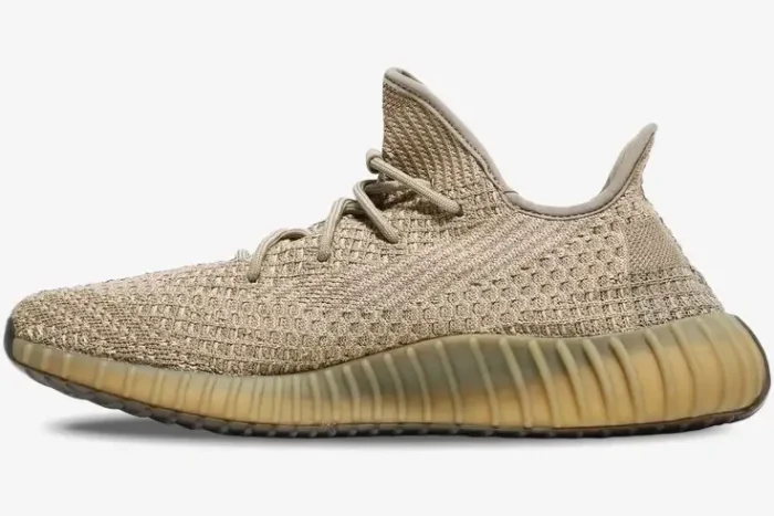 Adidas Yeezy 350 V2 Sand Taupe sneaker in a side profile view featuring a tan Primeknit upper and gum sole. - SKU FZ5240