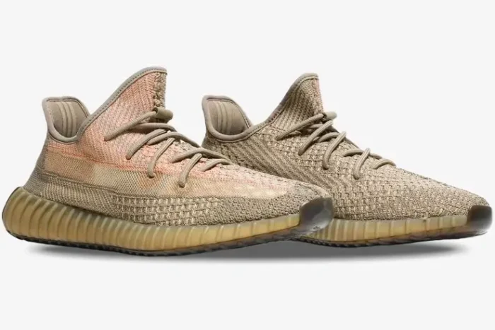 Side profile view of Adidas Yeezy 350 V2 Sand Taupe sneakers with earthy tan and peach Primeknit uppers. - SKU FZ5240
