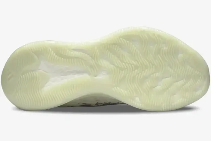 Bottom view of the Adidas Yeezy 380 Alien showing the pale green translucent outsole and wavy traction pattern. - SKU FV3260