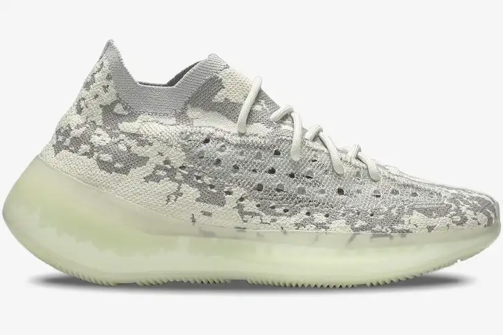 adidas-yeezy-380-alien-side-profile-view-fv3260-407-343 Side profile of Adidas Yeezy 380 Alien sneakers in grey and white camo with a translucent sole. - SKU FV3260