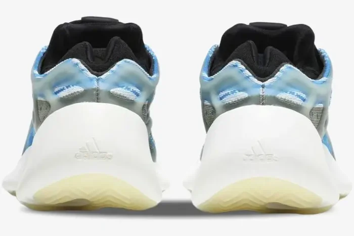 Rear view of Adidas Yeezy 700 V3 Arzareth sneakers showing the thick white midsole and blue patterned upper. - SKU G54850