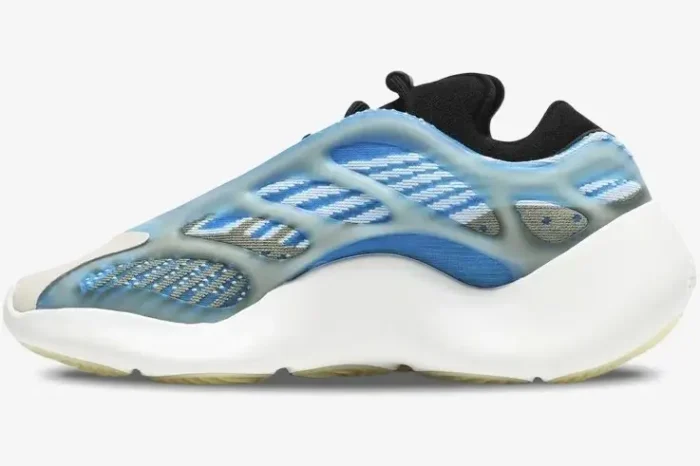 Side profile of Adidas Yeezy 700 V3 Arzareth sneakers in blue and white with a translucent cage. - SKU G54850