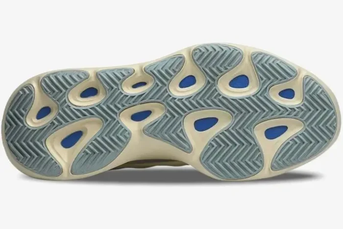 Bottom view of Adidas Yeezy 700 V3 Azael showing the cream outsole with grey traction and blue accents. - SKU FW4980