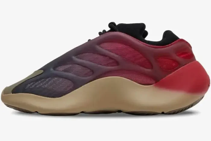 Adidas Yeezy 700 V3 Fade Carbon sneaker side profile with purple to red gradient upper and tan midsole. - SKU GW1814