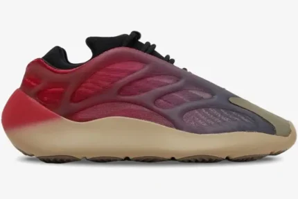 Adidas Yeezy 700 V3 Fade Carbon sneaker in a side profile view with red to purple gradient and tan sole. - SKU GW1814