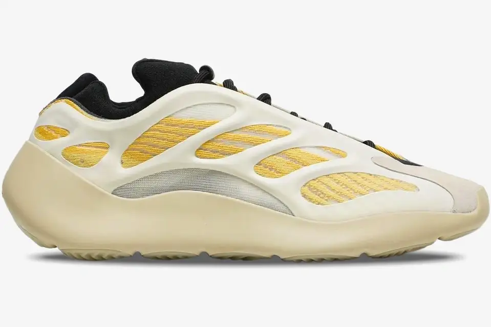adidas-yeezy-700-v3-safflower-side-view-g54853-845-186 Adidas Yeezy 700 V3 Safflower sneaker in yellow and cream, shown from a side profile view. - SKU G54853