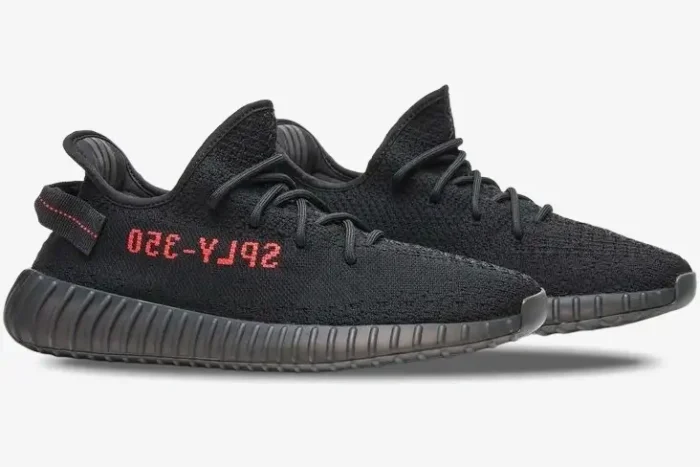 Side view of Adidas Yeezy Boost 350 V2 Black Red shoes with red SPLY-350 text. - SKU CP9652