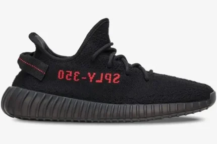 Adidas Yeezy Boost 350 V2 Black Red sneaker in a side profile view with red SPLY-350 text. - SKU CP9652