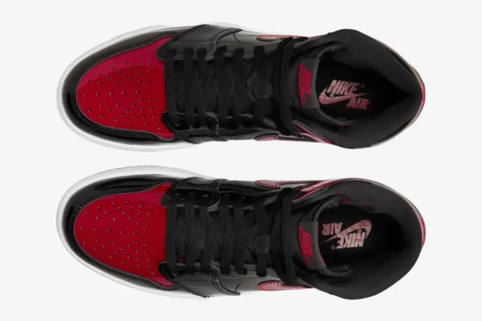 Top-down view of Air Jordan 1 High OG Patent Bred sneakers in black and red patent leather. - SKU 555088-063