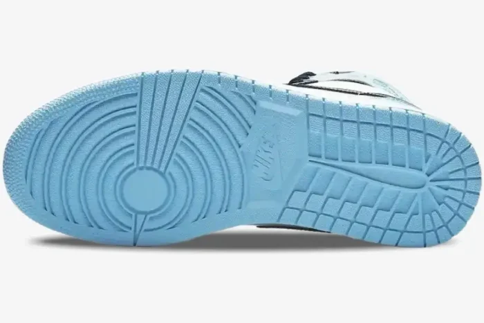 Bottom view of the Air Jordan 1 High UNC Patent Women's shoe showing the light blue rubber outsole traction pattern. - SKU CD0461-401