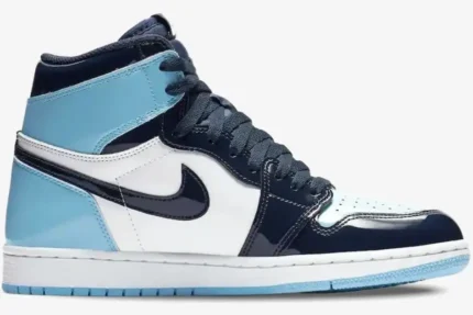 Side view of Air Jordan 1 High UNC Patent Women's sneaker with shiny navy and light blue panels. - SKU CD0461-401