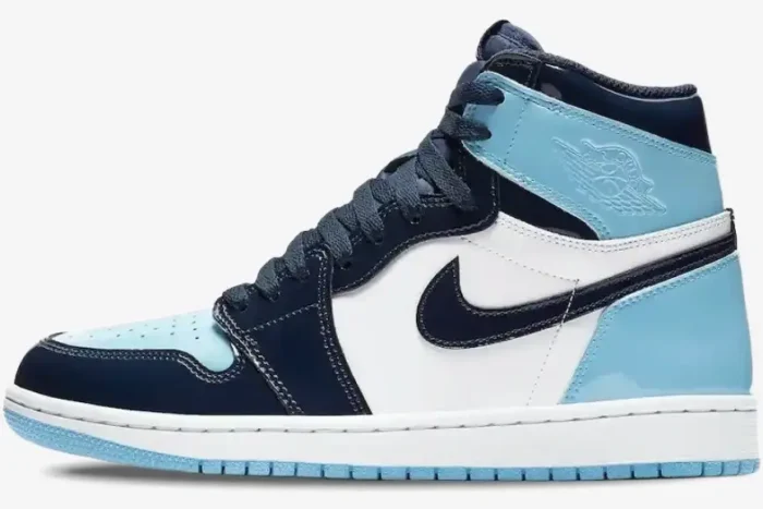 Air Jordan 1 High UNC Patent Women's sneaker in obsidian and blue chill, side profile view. - SKU CD0461-401