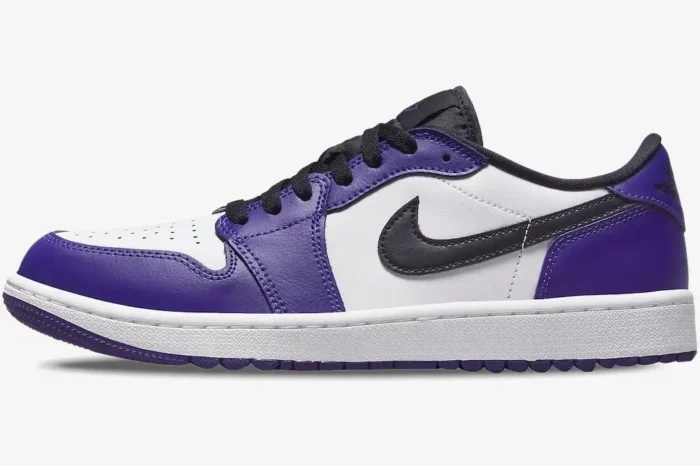Profile view of Air Jordan 1 Low Golf Court Purple shoe with white leather and purple overlays. - SKU DD9315-105