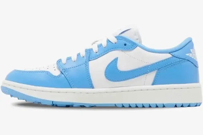 Side profile of Air Jordan 1 Low Golf UNC sneakers in university blue and white. - SKU DD9315-100