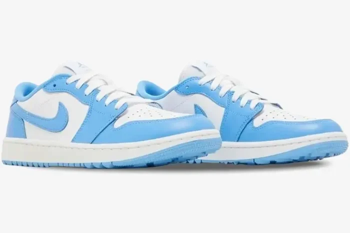 Air Jordan 1 Low Golf UNC sneakers in University Blue and white, side profile view. - SKU DD9315-100