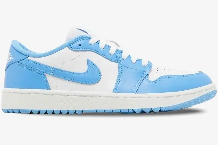 air-jordan-1-low-golf-unc-university-blue-side-dd9315-100-276-587 Air Jordan 1 Low Golf UNC sneaker in university blue and white, side profile view. - SKU DD9315-100
