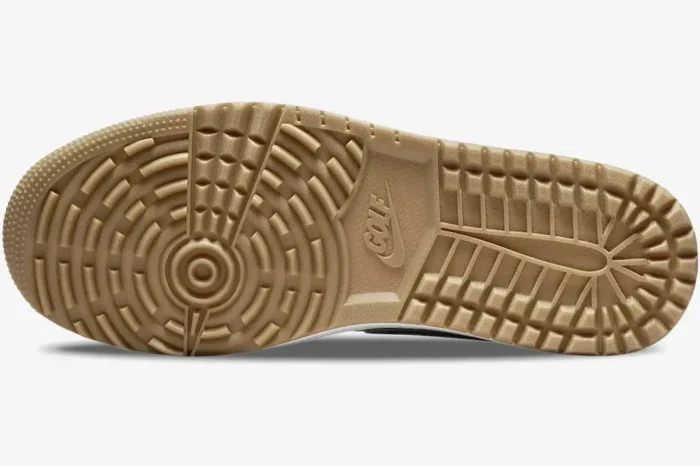 Bottom view of the gum rubber outsole on the Air Jordan 1 Low Golf Wolf Grey shoe. - SKU DD9315-006