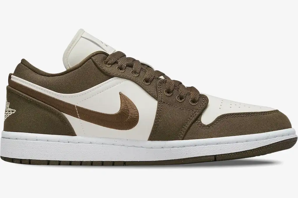 air-jordan-1-low-se-light-olive-side-view-dv0426-301-169-206 Air Jordan 1 Low SE Light Olive sneaker in a side profile view featuring canvas overlays and an embroidered swoosh. - SKU DV0426-301