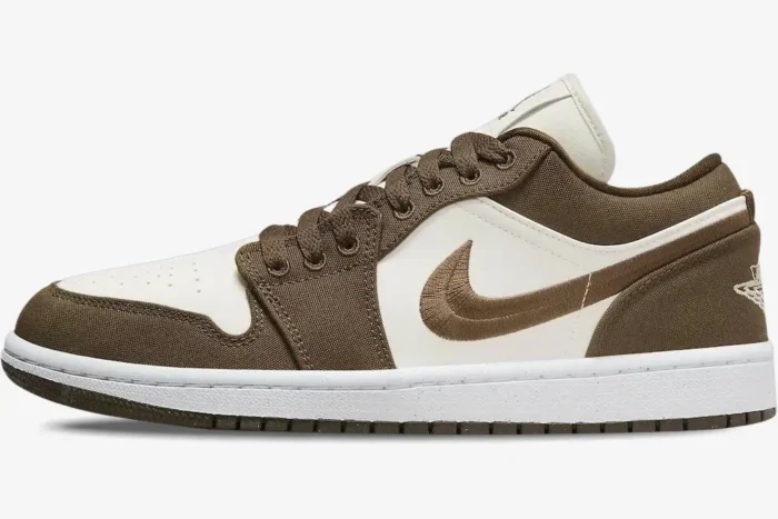 Side profile of Air Jordan 1 Low SE Light Olive sneakers with canvas overlays and embroidered swoosh. - SKU DV0426-301