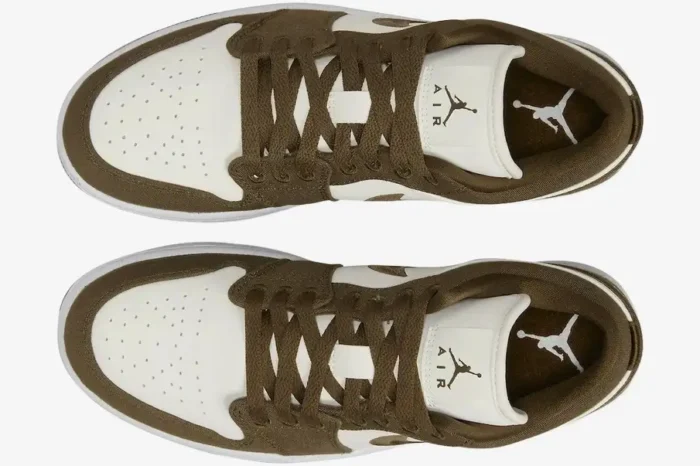 Top-down view of Air Jordan 1 Low SE Light Olive sneakers in white and olive green. - SKU DV0426-301