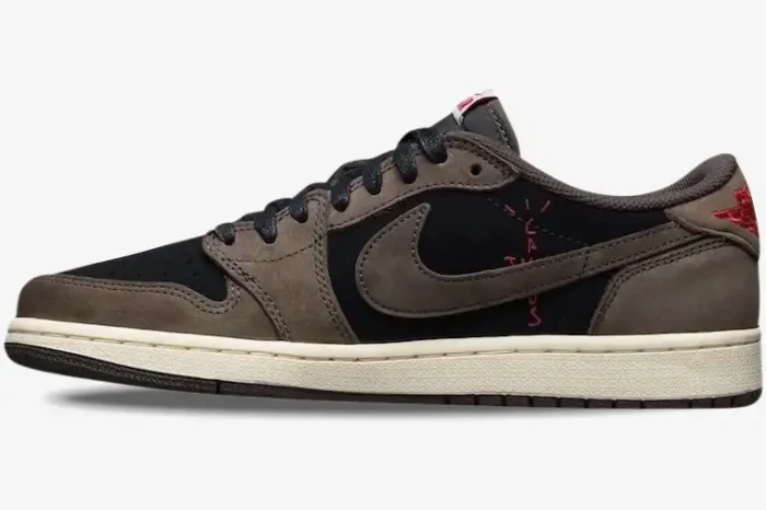Air Jordan 1 Low x Travis Scott Dark Mocha sneaker, medial side view, featuring brown suede and black panels. - SKU CQ4277-001