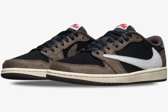 Three-quarter view of Air Jordan 1 Low x Travis Scott Dark Mocha sneakers with brown suede and reverse white Swoosh. - SKU CQ4277-001