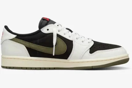 Side profile of Air Jordan 1 Low x Travis Scott Medium Olive sneakers with black, white, and olive green panels. - SKU DZ4137-106