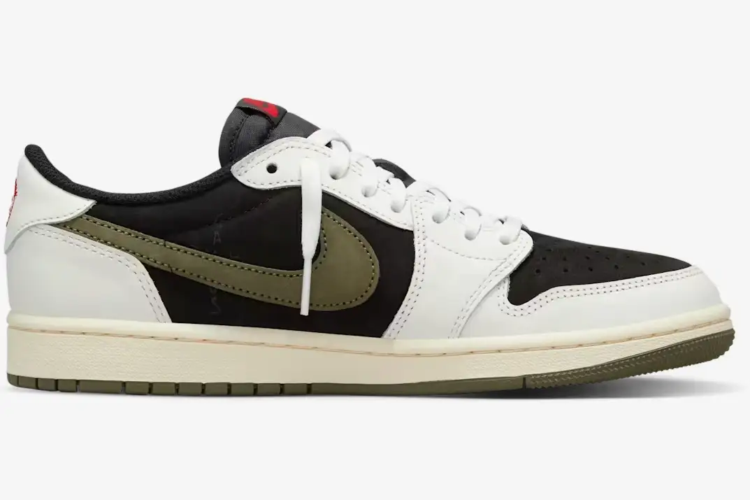 air-jordan-1-low-travis-scott-medium-olive-side-dz4137-106-064-738 Side profile of Air Jordan 1 Low x Travis Scott Medium Olive sneakers with black, white, and olive green panels. - SKU DZ4137-106