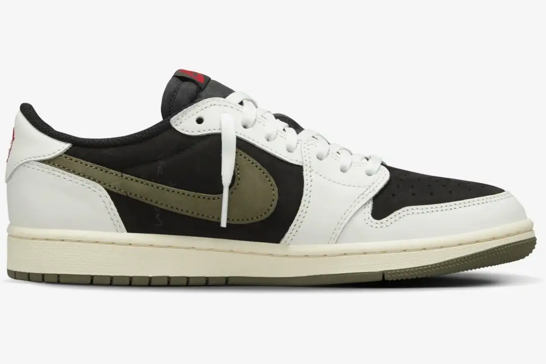 air-jordan-1-low-travis-scott-olive-side-view-dz4137-106-210-683 Side view of Air Jordan 1 Low x Travis Scott Olive Women's sneaker with black panels and reverse olive swoosh. - SKU DZ4137-106