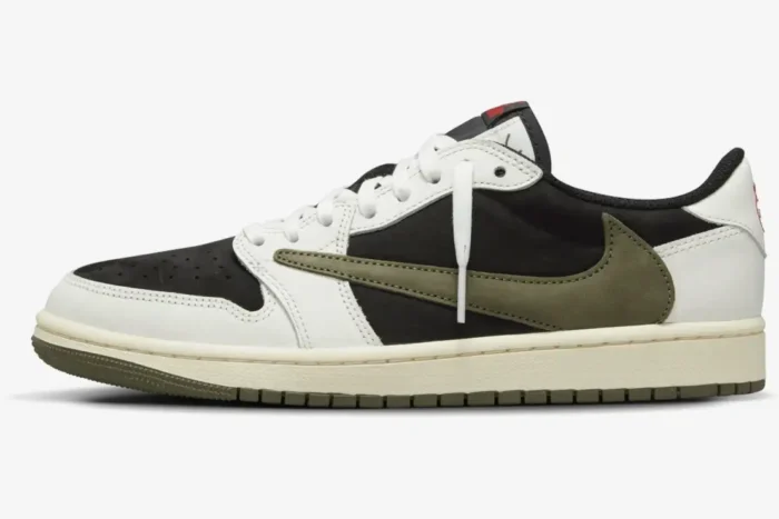 Side profile of Air Jordan 1 Low x Travis Scott Olive Women's sneaker with reverse green swoosh. - SKU DZ4137-106