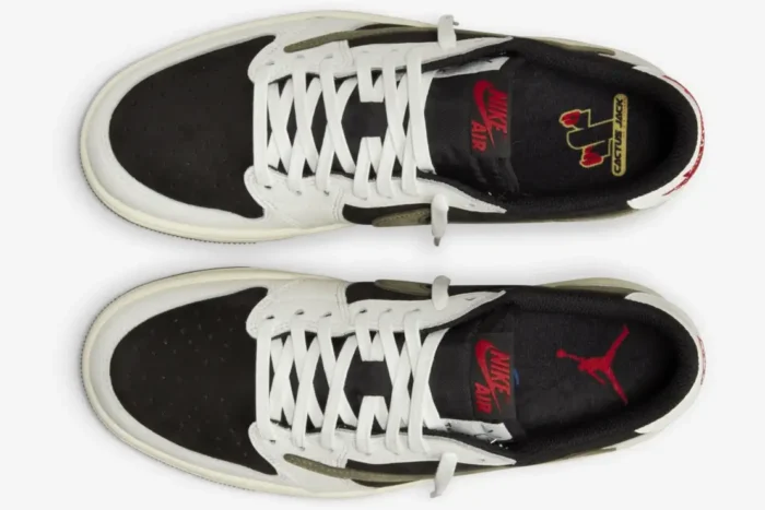 Top-down view of Air Jordan 1 Low x Travis Scott Olive Women's sneakers with black, white, and olive details. - SKU DZ4137-106