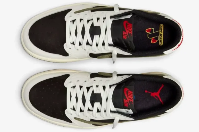 Top-down view of Air Jordan 1 Low x Travis Scott Medium Olive sneakers with white laces. - SKU DZ4137-106