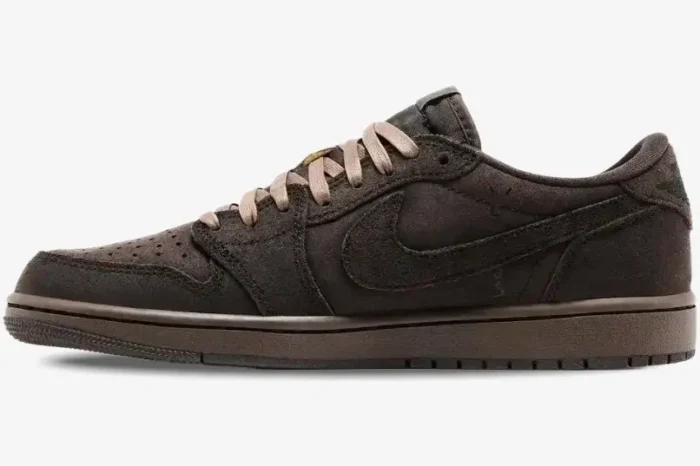 Side profile of the Air Jordan 1 Low OG SP x Travis Scott Velvet Brown sneaker in dark brown suede. - SKU DM7866-202