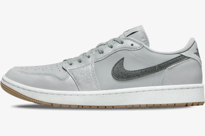 Side profile of Air Jordan 1 Low Wolf Grey sneaker with white midsole and gum outsole. - SKU DD9315-006
