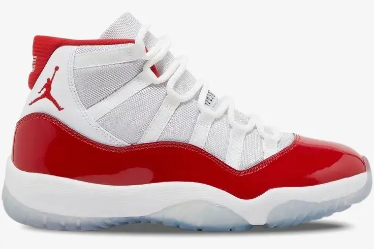 air-jordan-11-retro-cherry-white-red-side-ct8012-116-002-152 Side view of Air Jordan 11 Retro Cherry sneakers in white and varsity red with patent leather. - SKU CT8012-116