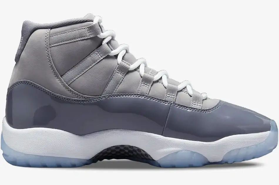 air-jordan-11-retro-cool-grey-side-view-ct8012-005-681-718 Side profile view of the Air Jordan 11 Retro Cool Grey sneaker with grey patent leather and white midsole. - SKU CT8012-005
