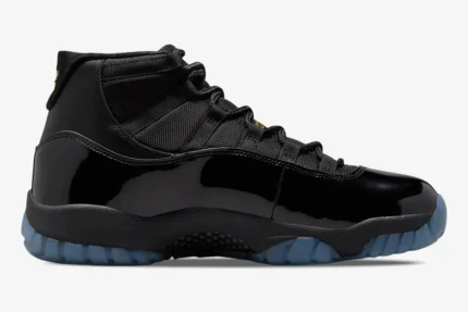 Side profile of the Air Jordan 11 Retro Gamma Blue sneaker in black with a translucent blue outsole. - SKU 378037-006