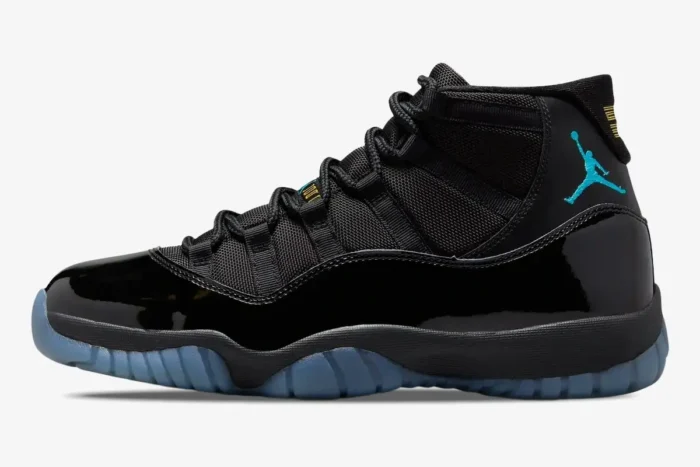 Side profile of the Air Jordan 11 Retro Gamma Blue sneaker featuring black patent leather and a blue Jumpman logo. - SKU 378037-006