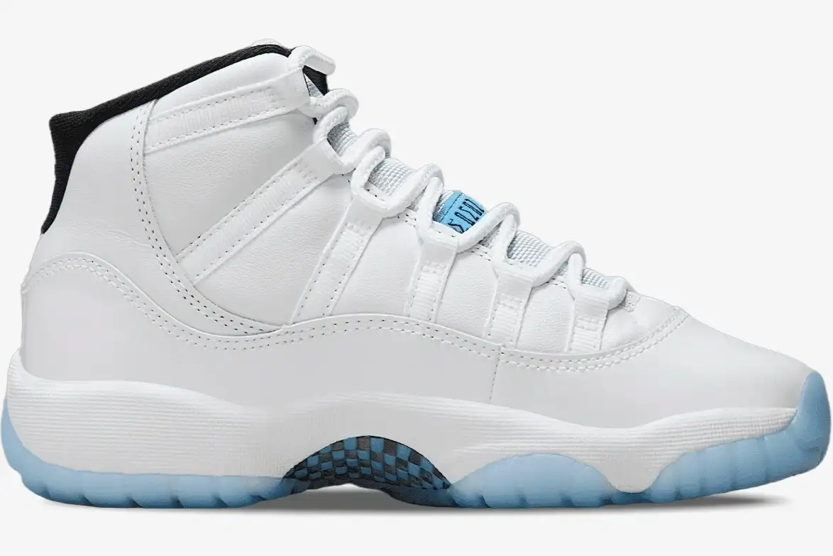 air-jordan-11-retro-legend-blue-side-view-378037-117-023-174 Air Jordan 11 Retro Legend Blue sneaker in white with an icy blue outsole, side profile view. - SKU 378037-117