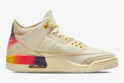 Air Jordan 3 Retro x J Balvin Medellín Sunset sneaker in cream with sunset gradient heel, side profile view. - SKU FN0344-901