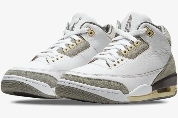 White and grey Air Jordan 3 Retro x A Ma Maniere SP sneakers in a front three-quarter view. - SKU DH3434-110
